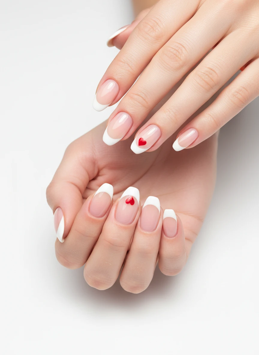 15 Queen of Heart Valentine Nails: Royal Designs to Slay Love Season (2026) 11 White French manicure on almond nails with a subtle hidden red heart detail under the nail.