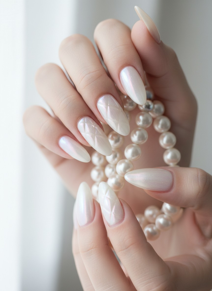 Almond-shaped nails featuring a milky white glazed finish and 3D quilted texture holding a pearl necklace.