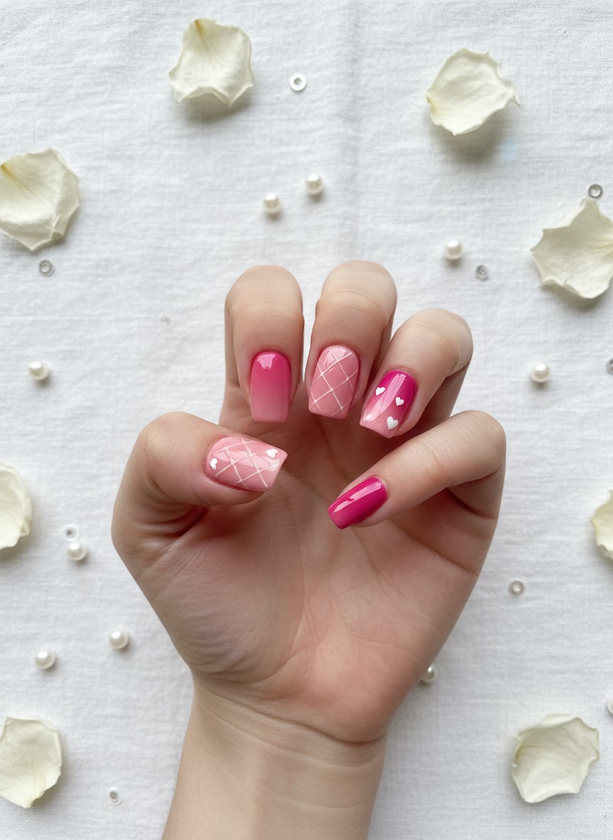 Hand displaying pink gradient nails with quilted textures and small hand-painted hearts in natural lighting.