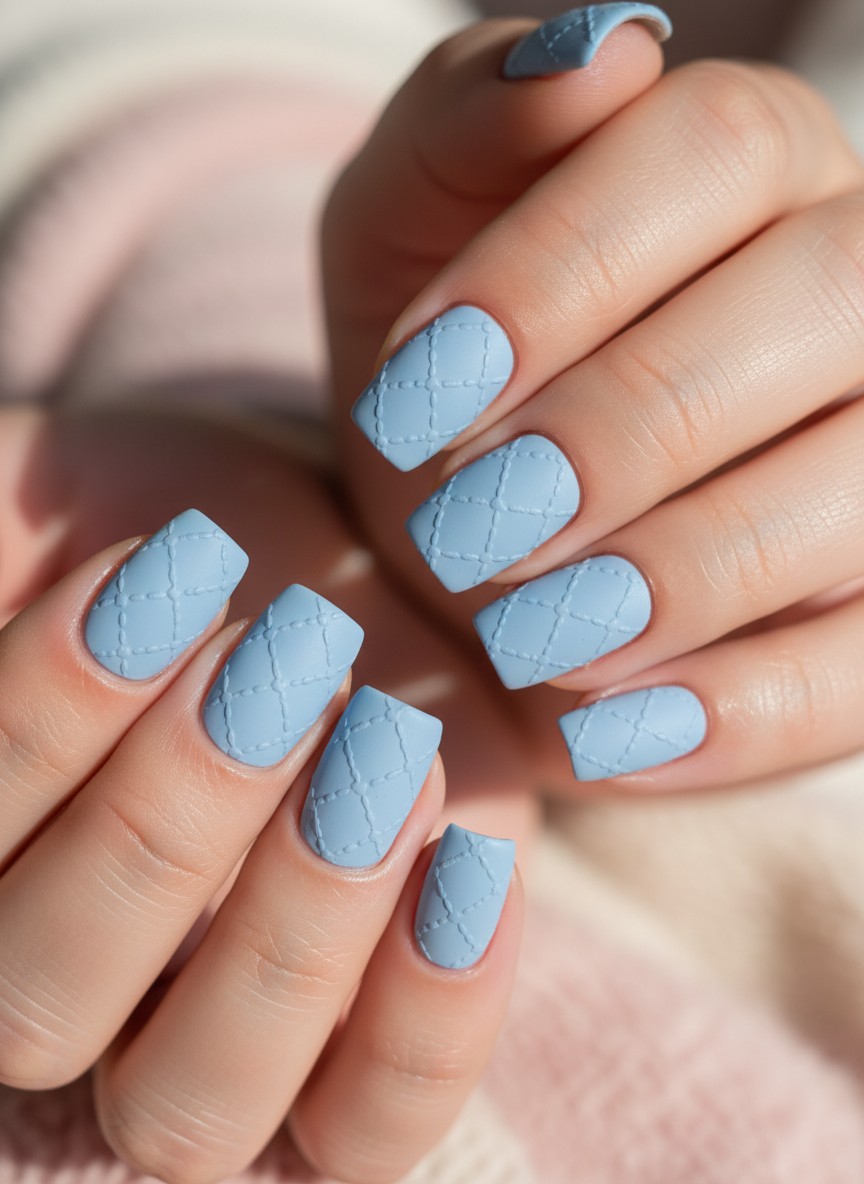 Short matte baby blue squoval nails featuring a unique heart-shaped quilted pattern in soft lighting.