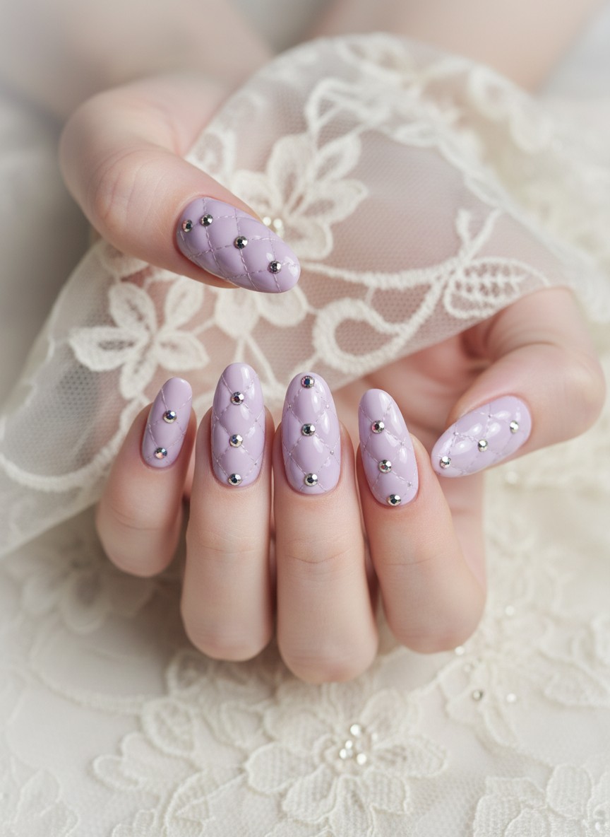 Pale lavender oval nails featuring a quilted pattern accented with silver rhinestones on white lace fabric.