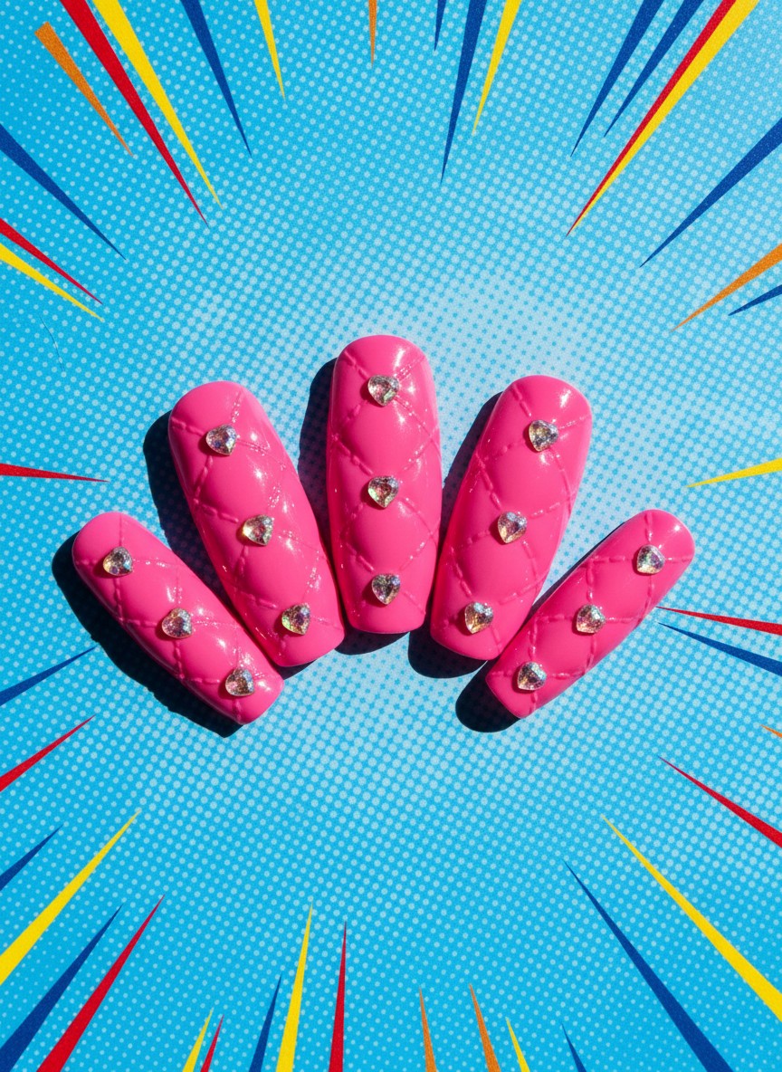 Medium oval nails with vibrant hot pink glossy gel, puffy quilted texture, and heart-shaped rhinestone accents.