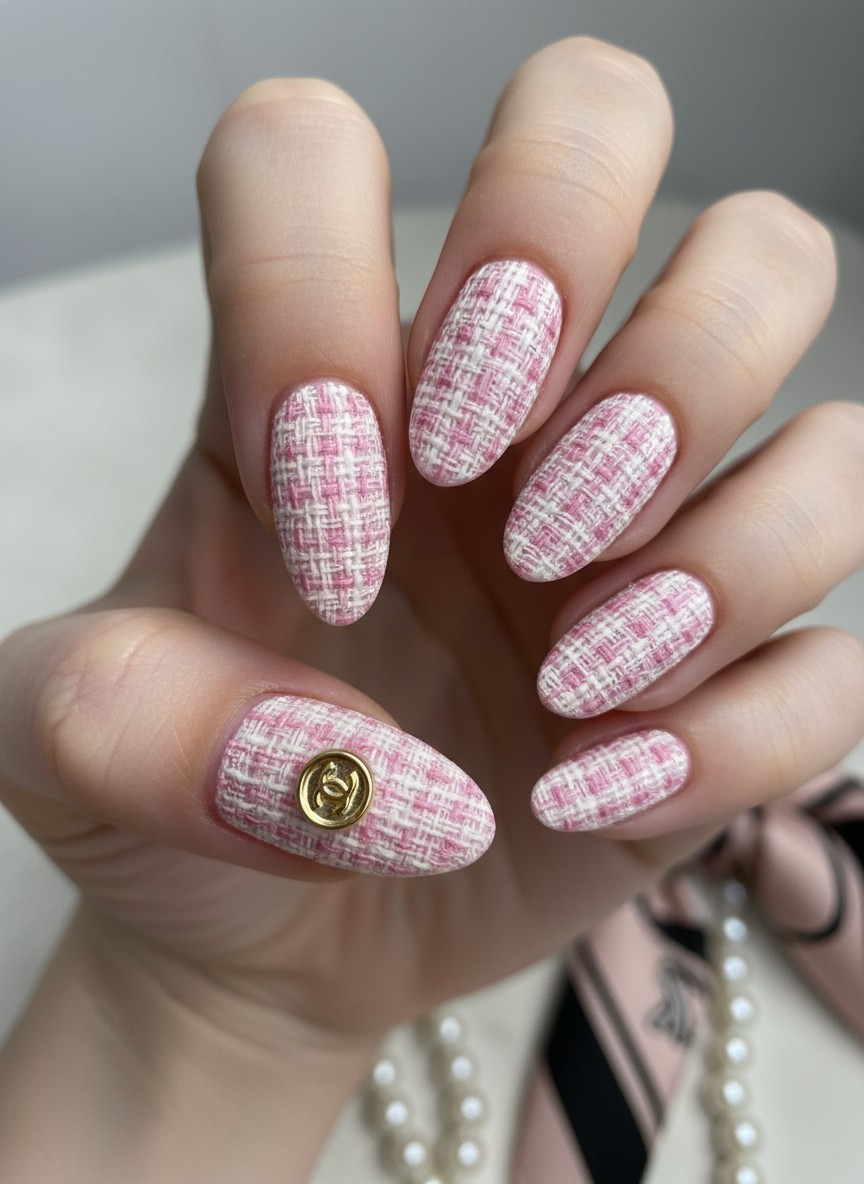 15 Valentine Day Korean Nails Trends 2026: Cute, Elegant & Romantic Ideas 7 Close-up of pink and white tweed patterned nails featuring a matte texture and gold button charm.
