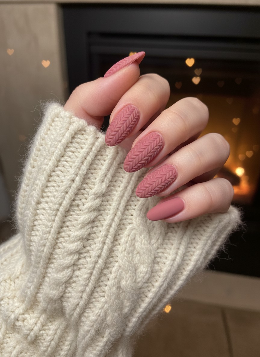 15 Valentine Day Korean Nails Trends 2026: Cute, Elegant & Romantic Ideas 15 Matte dusty rose nails with 3D cable knit sweater patterns, held against a soft knit sleeve.
