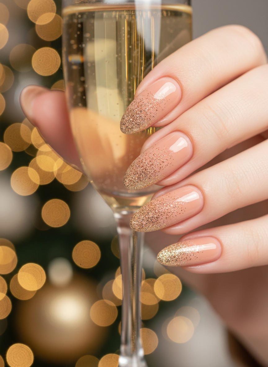 15 Valentine Day Korean Nails Trends 2026: Cute, Elegant & Romantic Ideas 13 Almond nails featuring a champagne gold glitter gradient fading from the cuticle against festive bokeh lights.