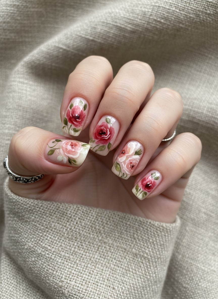 15 Valentine Day Korean Nails Trends 2026: Cute, Elegant & Romantic Ideas 12 Macro shot of hand-painted watercolor floral nail art in soft pink and red on linen fabric.