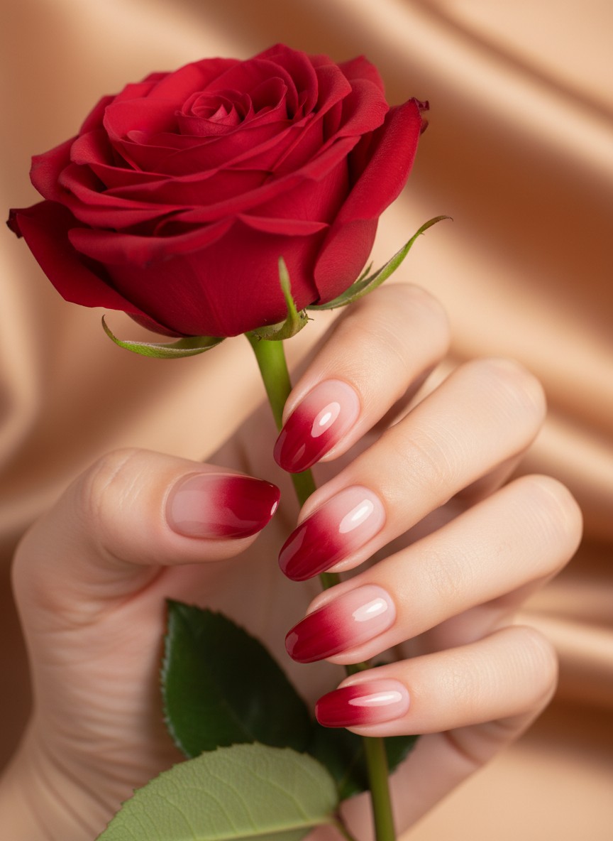 15 Valentine Day Korean Nails Trends 2026: Cute, Elegant & Romantic Ideas 3 Elegant almond-shaped nails featuring a translucent ruby red syrup ombré gradient with a high-gloss glass finish.
