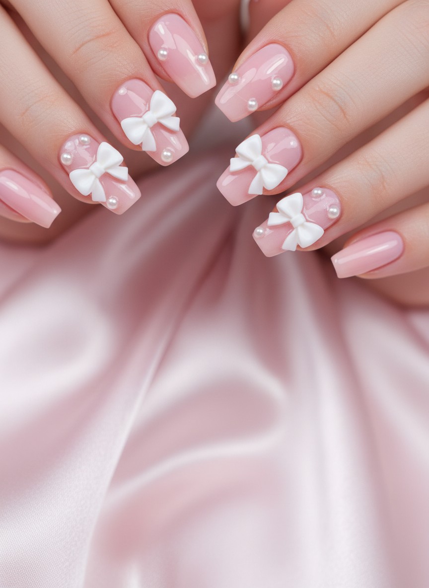 15 Valentine Day Korean Nails Trends 2026: Cute, Elegant & Romantic Ideas 4 Pastel pink square-round nails featuring handmade 3D white resin bows and small pearls on silk background.
