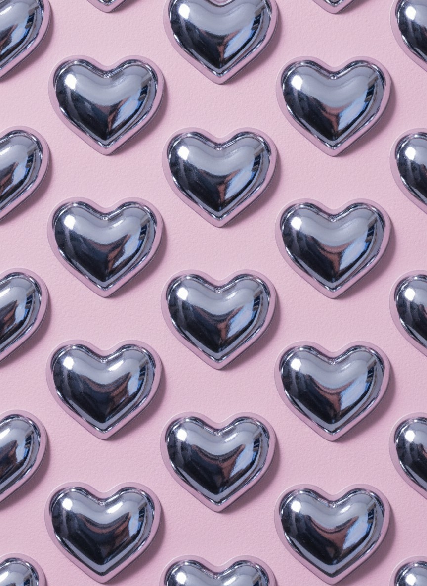 15 Valentine Day Korean Nails Trends 2026: Cute, Elegant & Romantic Ideas 14 3D embossed silver chrome hearts on a pale pink matte base for a modern Korean aesthetic.