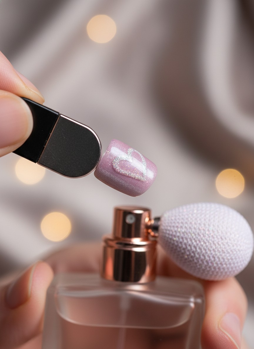 15 Valentine Day Korean Nails Trends 2026: Cute, Elegant & Romantic Ideas 8 Shimmering lavender-pink magnetic cat-eye nail art with a heart design, holding an elegant perfume bottle.