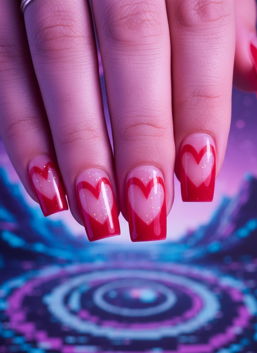 15 Valentine Day Korean Nails Trends 2026: Cute, Elegant & Romantic Ideas 11 Square nails featuring a transparent base and red jelly V-shaped tips forming heart outlines.