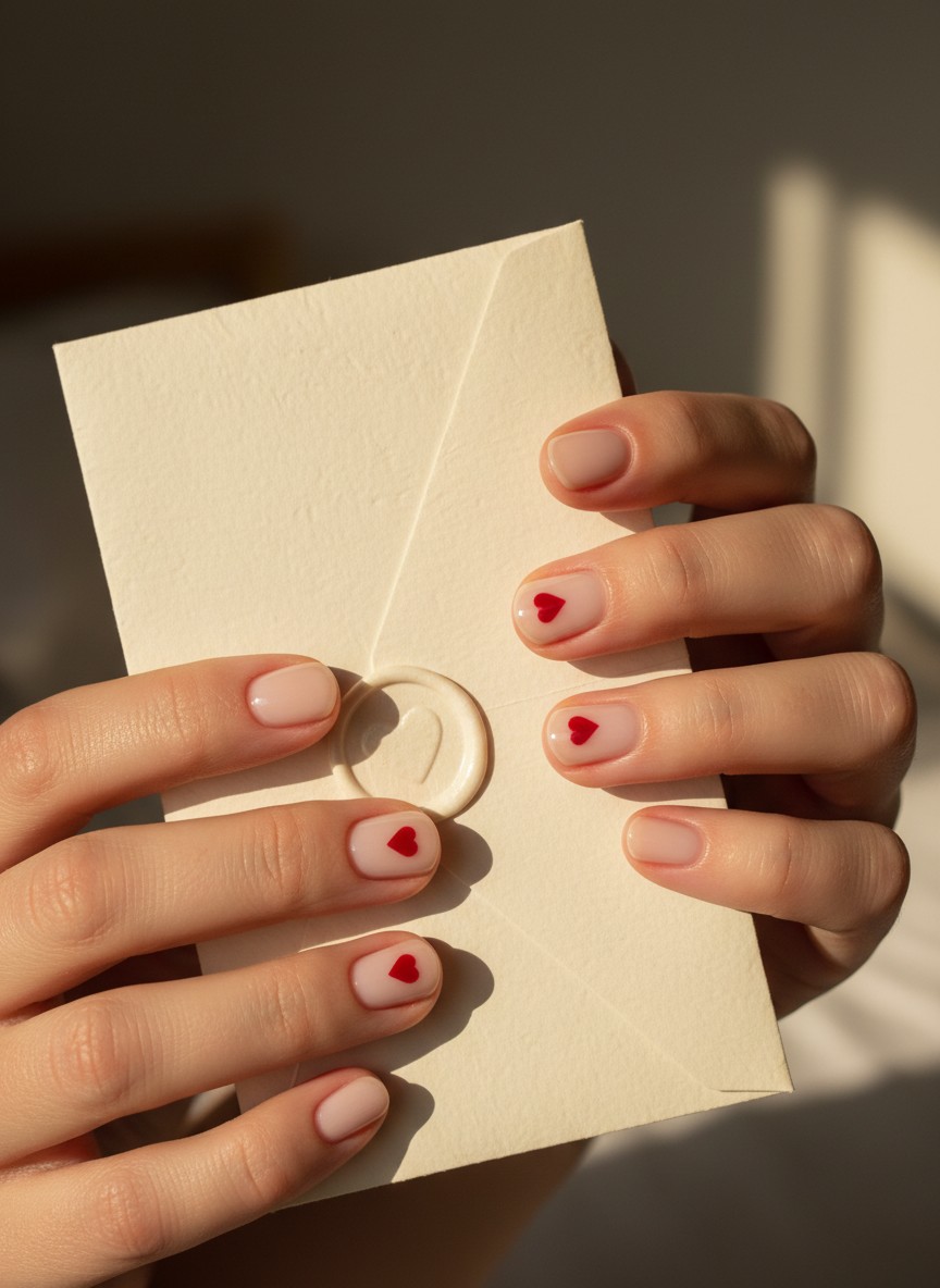 15 Valentine Day Korean Nails Trends 2026: Cute, Elegant & Romantic Ideas 5 Minimalist nude manicure featuring a tiny red heart on each natural nail while holding a romantic letter.