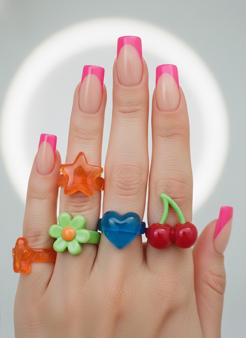 15 Valentine Day Y2K Nails: Best Retro Heart Designs for 2026 3 Square shaped nails with a deep hot pink French manicure and chunky colorful Y2K style rings.