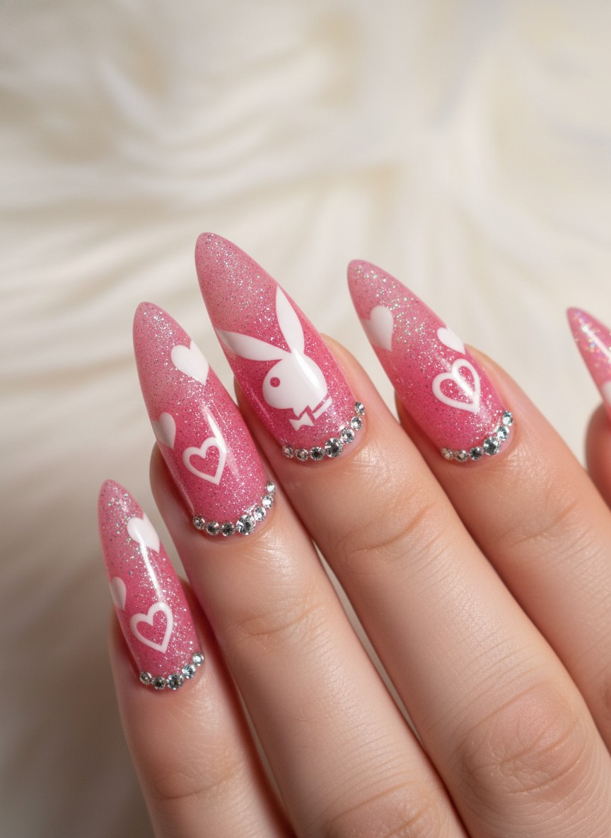 15 Valentine Day Y2K Nails: Best Retro Heart Designs for 2026 4 Long pink glitter stiletto nails featuring white Playboy bunny logos, tiny hearts, and sparkling diamond gems.