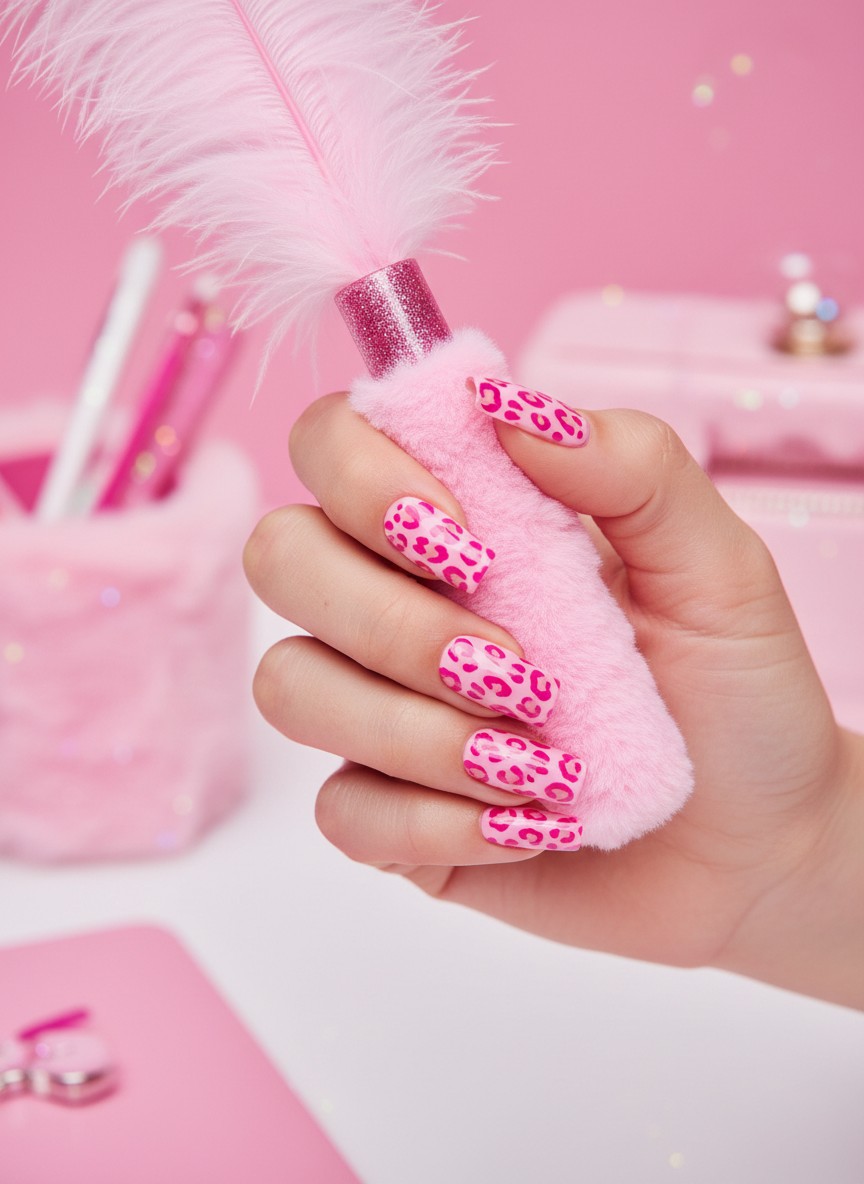 15 Valentine Day Y2K Nails: Best Retro Heart Designs for 2026 15 Long square nails featuring a bold hot pink leopard print pattern against a light pink base.