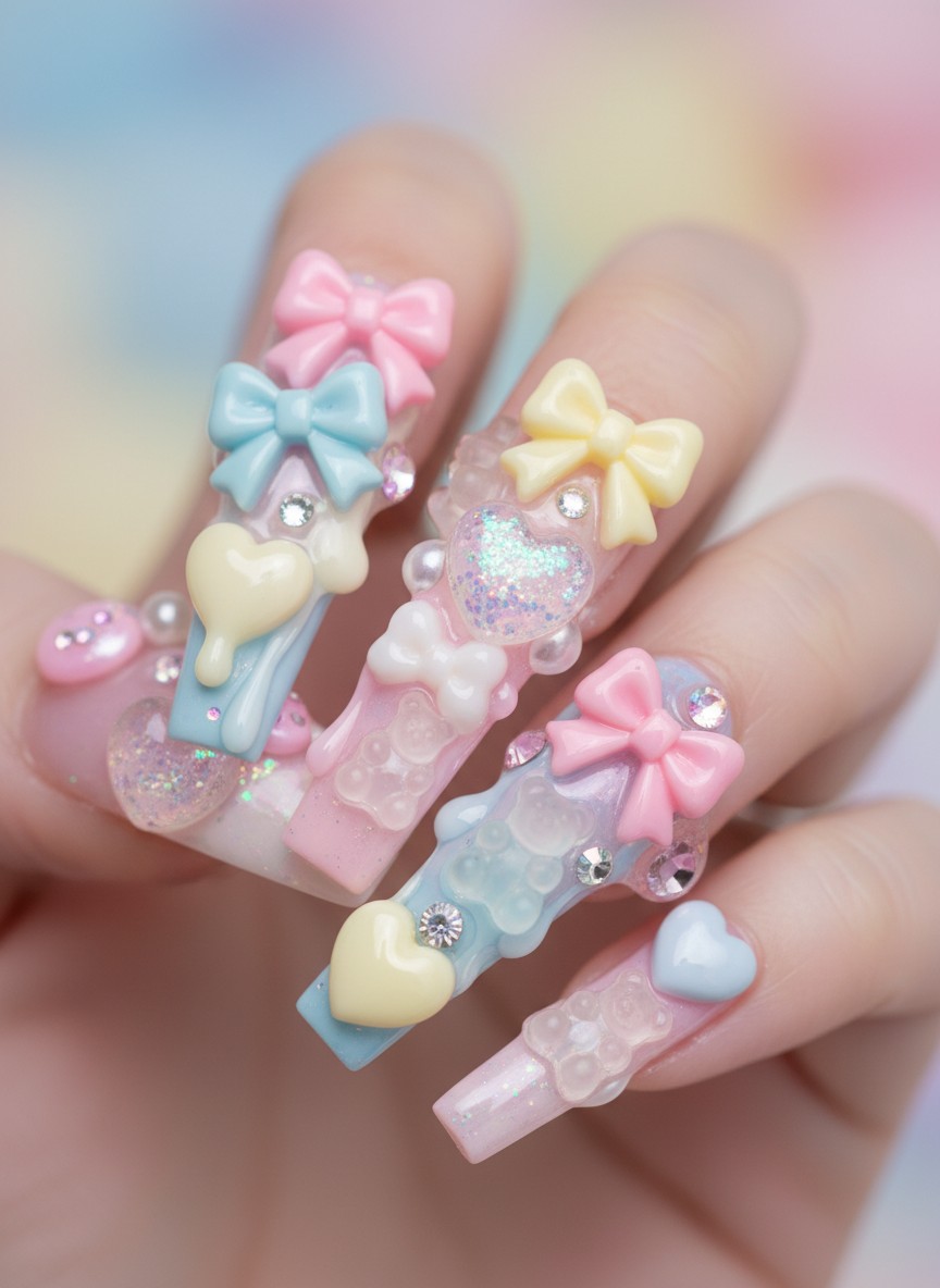15 Valentine Day Y2K Nails: Best Retro Heart Designs for 2026 5 Extreme close-up of maximalist junk nails featuring pink bows, white hearts, and 3D gummy bear charms.