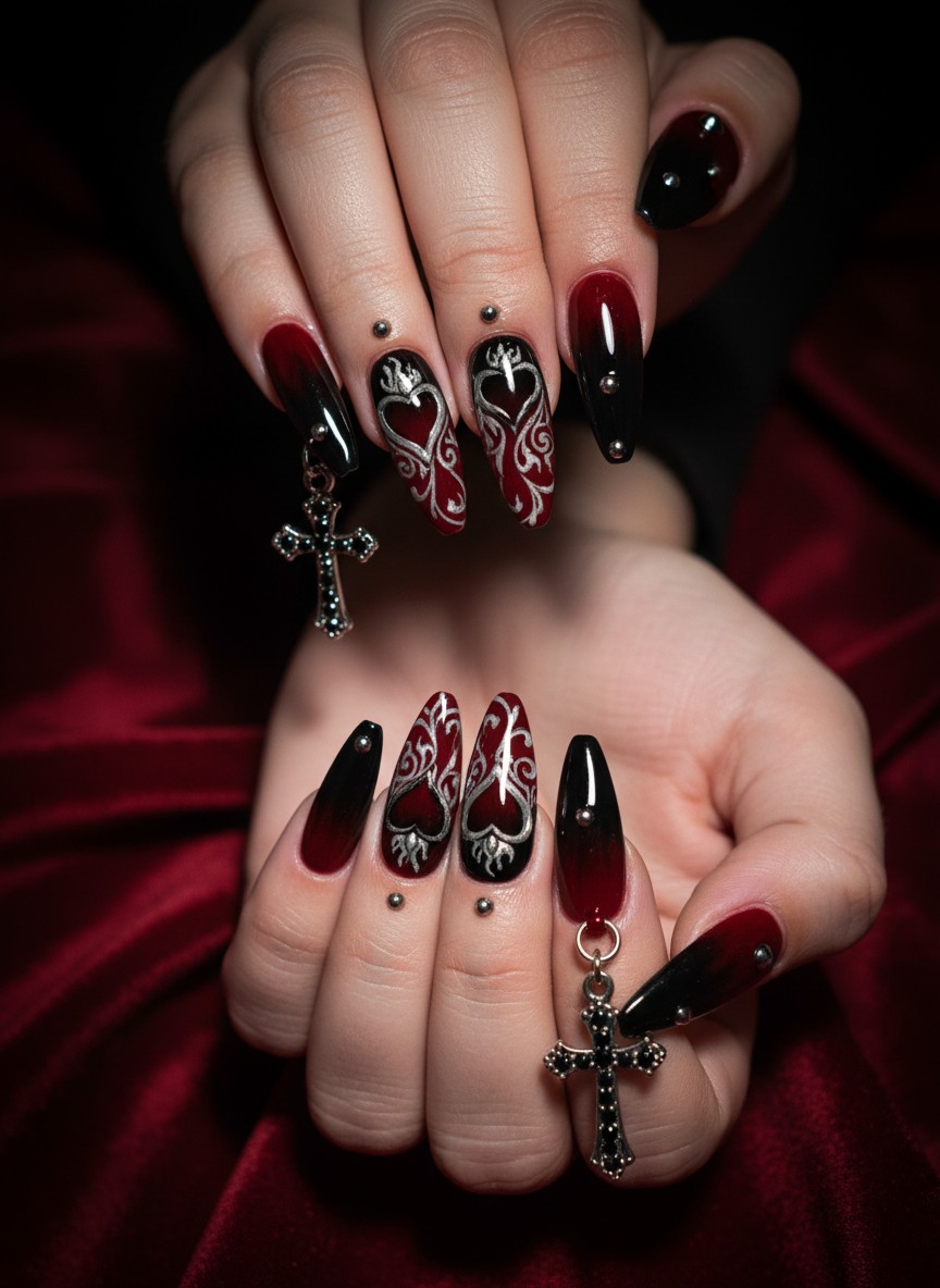 15 Valentine Day Y2K Nails: Best Retro Heart Designs for 2026 13 Gothic Y2K nails featuring a black and deep red color scheme with silver cross and heart charms.