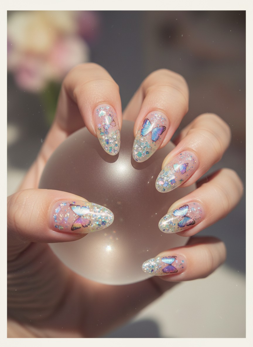 15 Valentine Day Y2K Nails: Best Retro Heart Designs for 2026 8 Manicure featuring clear acrylic nails with holographic butterfly encapsulation at the tips, showcasing a nostalgic Y2K aesthetic.