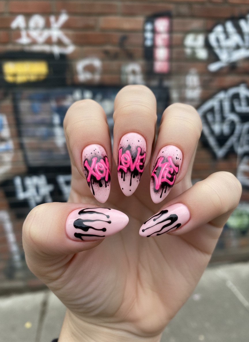 15 Valentine Day Y2K Nails: Best Retro Heart Designs for 2026 12 Close-up of square nails featuring neon pink and black airbrushed graffiti text with bubble letters