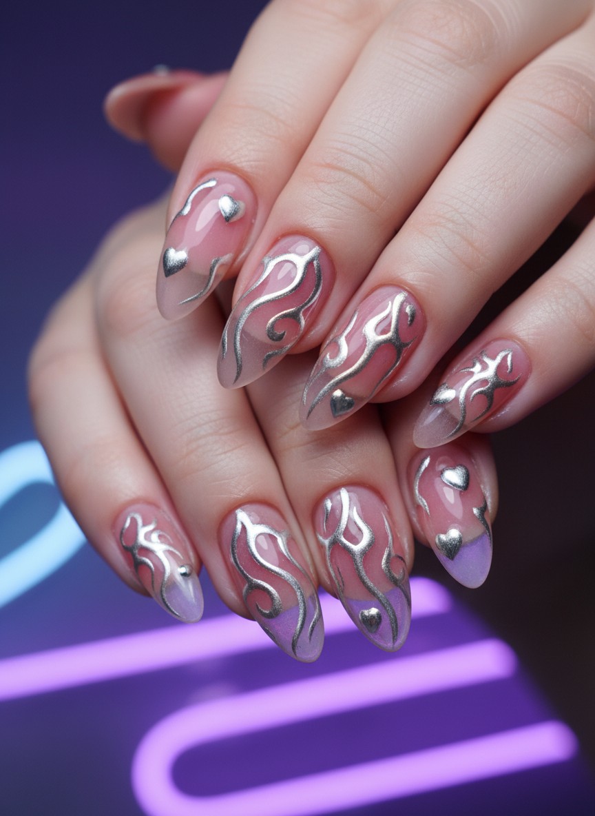 15 Valentine Day Y2K Nails: Best Retro Heart Designs for 2026 6 Almond nails featuring silver chrome cyber sigilism patterns and heart accents on a translucent pink base.
