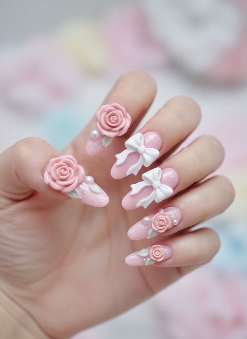 15 Valentine Nails 2000s Ideas: The Ultimate Y2K Aesthetic Guide (2026) 8 Close-up of pastel pink nails featuring intricate 3D sculpted acrylic roses and delicate white bows.