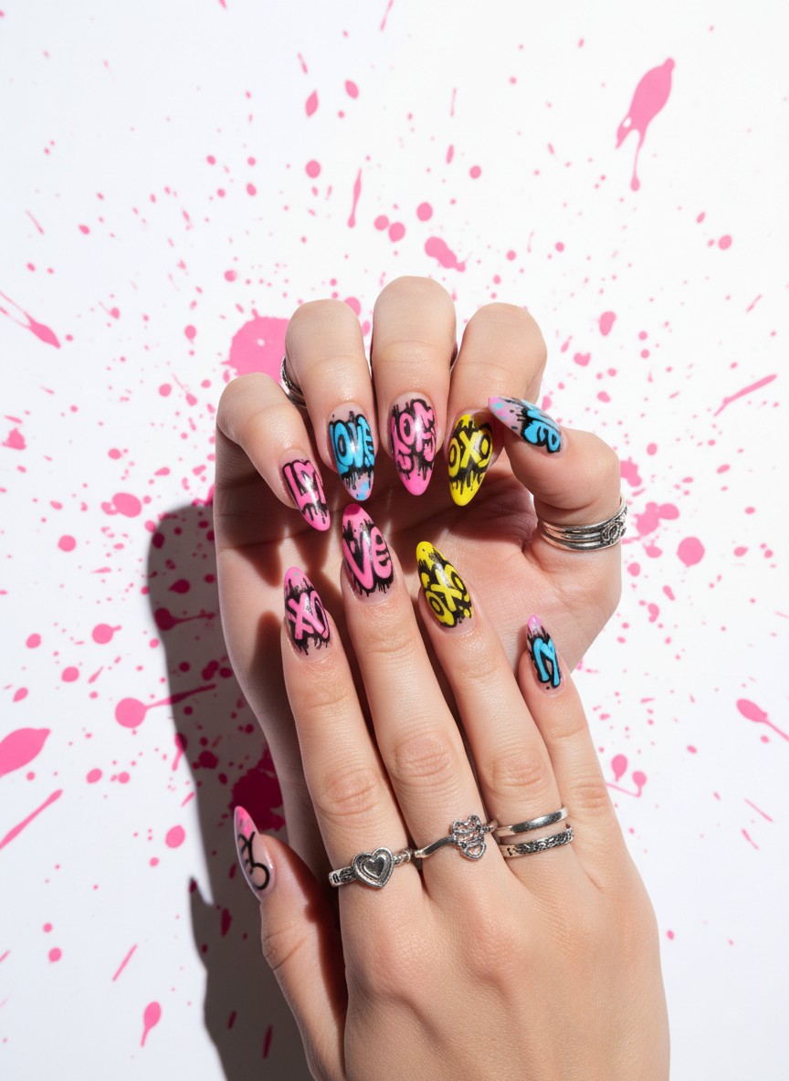 15 Valentine Nails 2000s Ideas: The Ultimate Y2K Aesthetic Guide (2026) 10 Close-up of airbrushed nails featuring graffiti-style LOVE and XOXO lettering with pink paint splatter details.