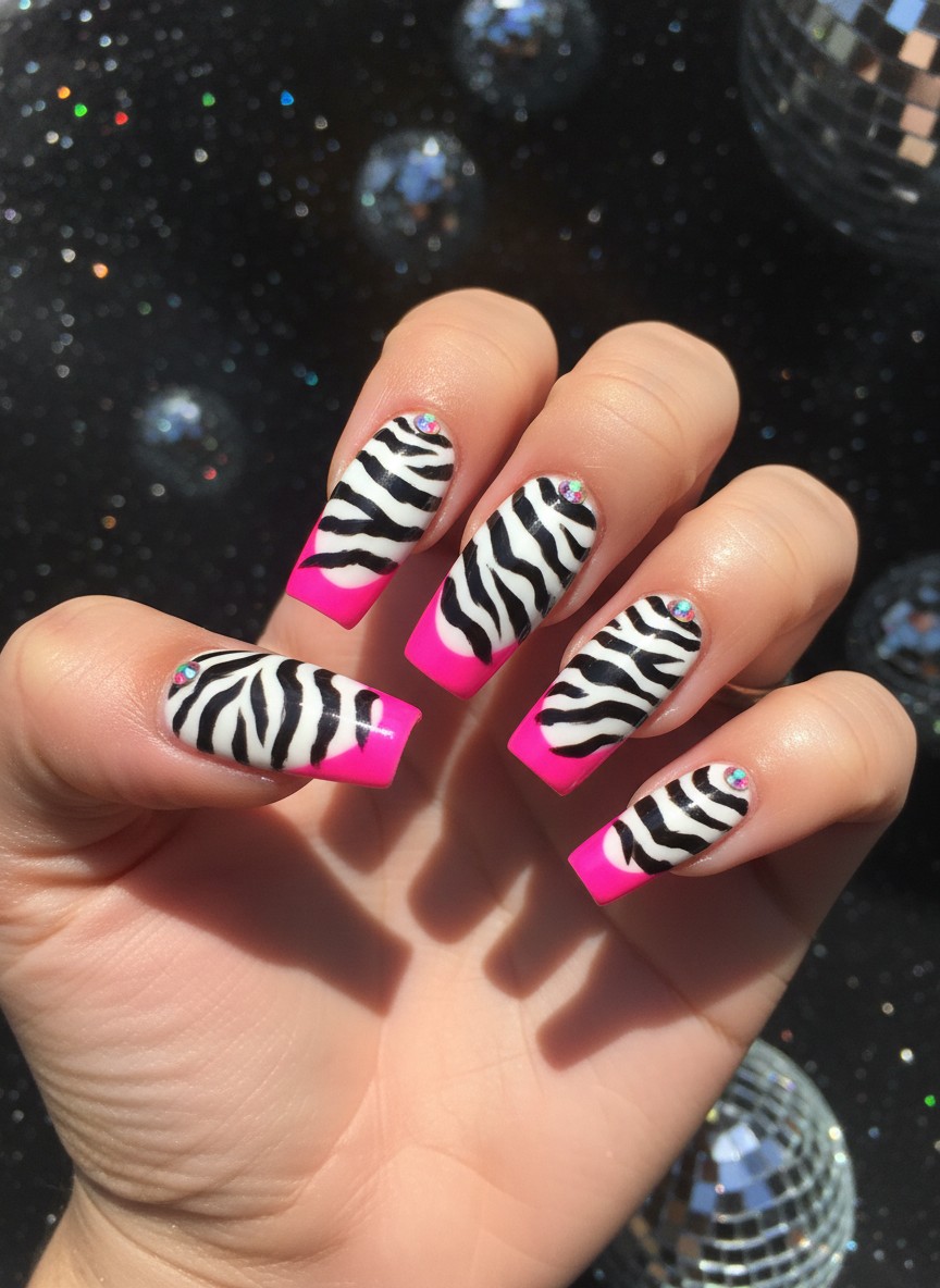 15 Valentine Nails 2000s Ideas: The Ultimate Y2K Aesthetic Guide (2026) 16 Sharp square nails featuring bold zebra stripes and neon pink French tips in a Y2K aesthetic.