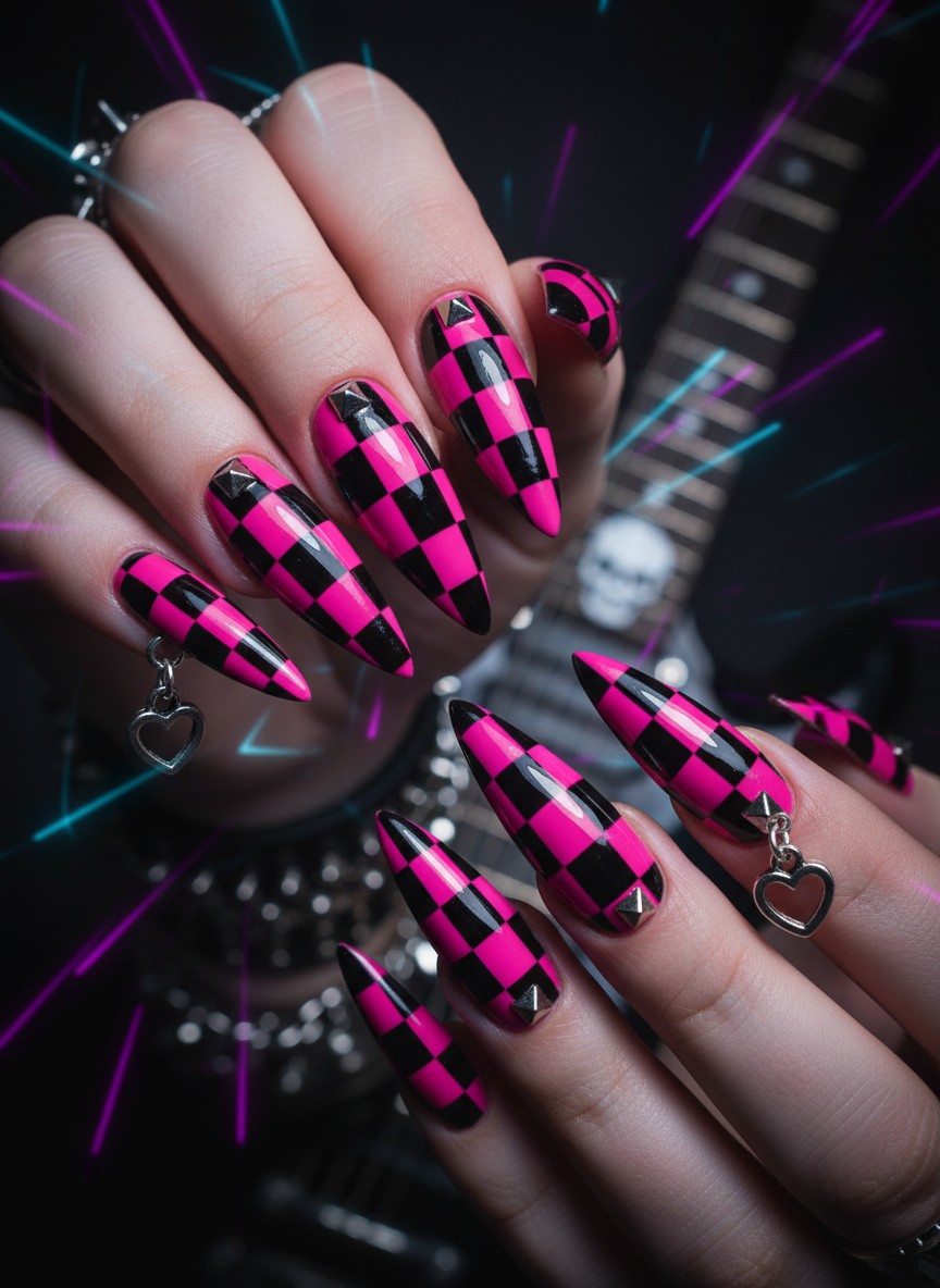 15 Valentine Nails 2000s Ideas: The Ultimate Y2K Aesthetic Guide (2026) 4 Edgy stiletto nails with hot pink checkerboard patterns, metallic studs, and hearts in 2000s punk style.