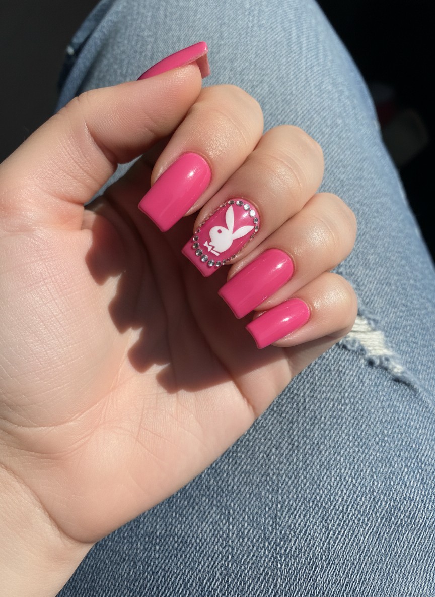 15 Valentine Nails 2000s Ideas: The Ultimate Y2K Aesthetic Guide (2026) 3 Vibrant hot pink square nails with a white Playboy bunny logo and sparkling rhinestones on denim.