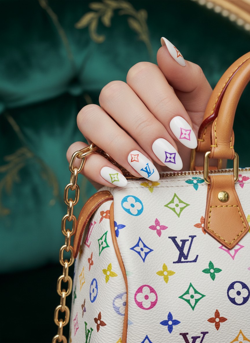 15 Valentine Nails 2000s Ideas: The Ultimate Y2K Aesthetic Guide (2026) 11 White manicured nails featuring multi-colored Murakami-style designer monograms held against a vintage luxury leather handbag.