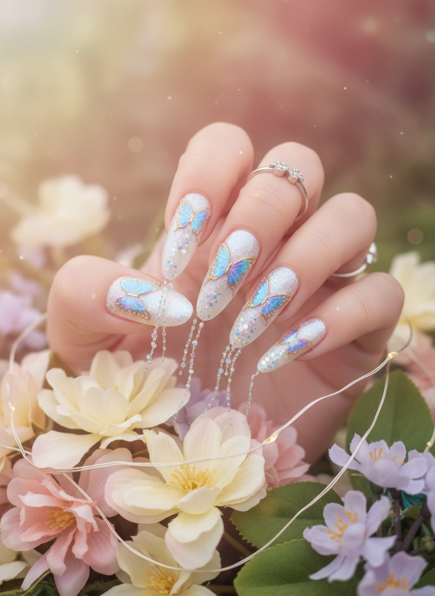 15 Valentine Nails 2000s Ideas: The Ultimate Y2K Aesthetic Guide (2026) 15 Manicure featuring delicate butterfly decals and shimmering glitter trails on nails resting against soft flowers.