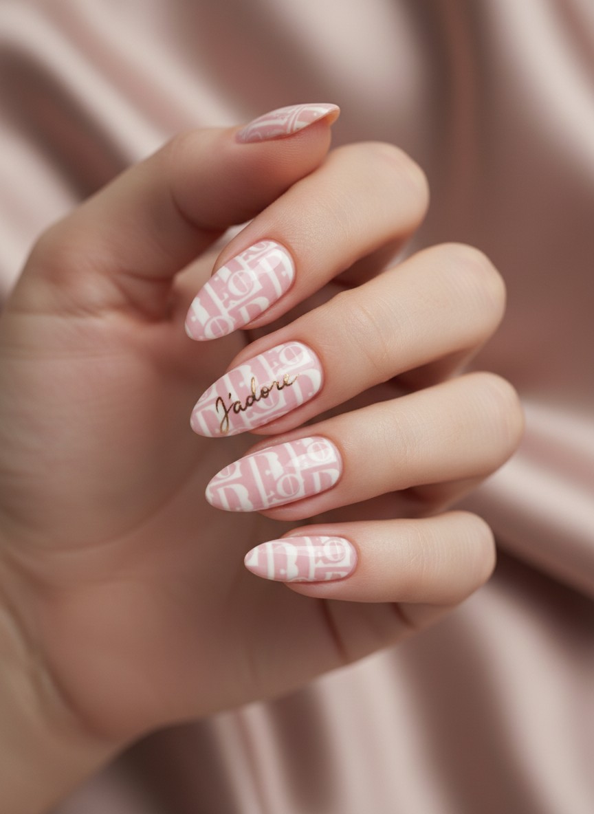 15 Valentine Nails 2000s Ideas: The Ultimate Y2K Aesthetic Guide (2026) 14 Detailed pink and white nails featuring Dior oblique patterns and J'adore text on soft vintage fabric.