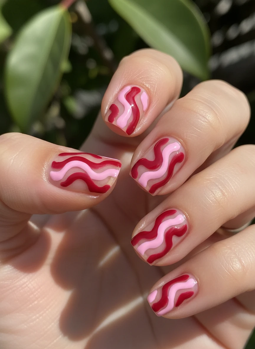 Short natural nails decorated with artistic cherry red and bubblegum pink wavy lines over clear base polish.