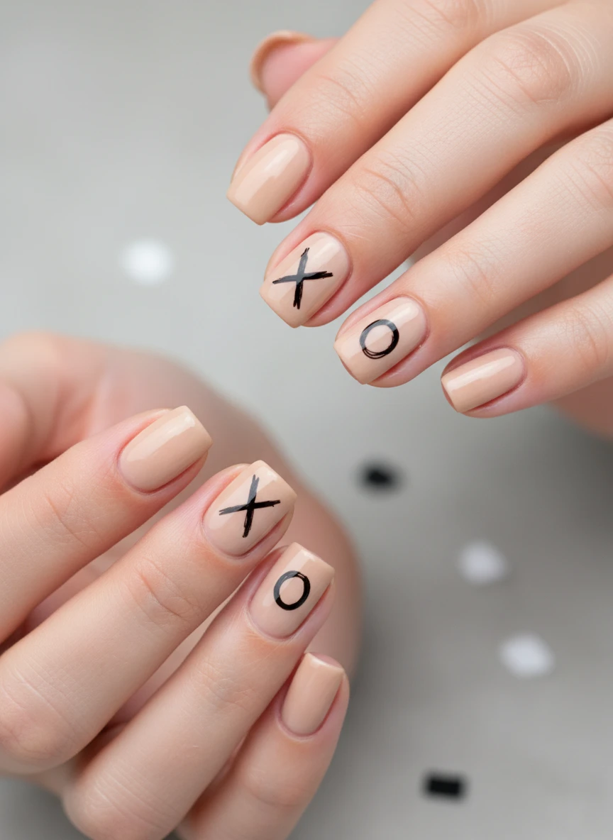 Minimalist short square nails with light beige polish and delicate black hand-lettered X and O symbols.