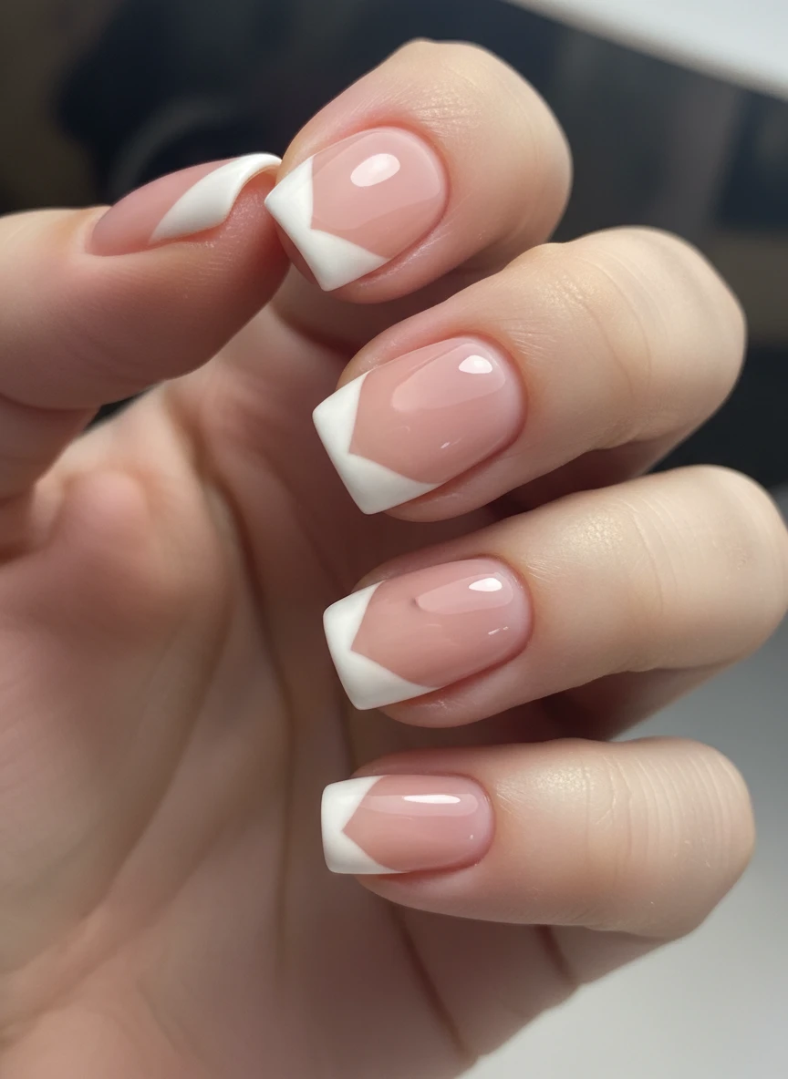 Short round nails featuring a soft pink base and white French tips shaped into delicate hearts.