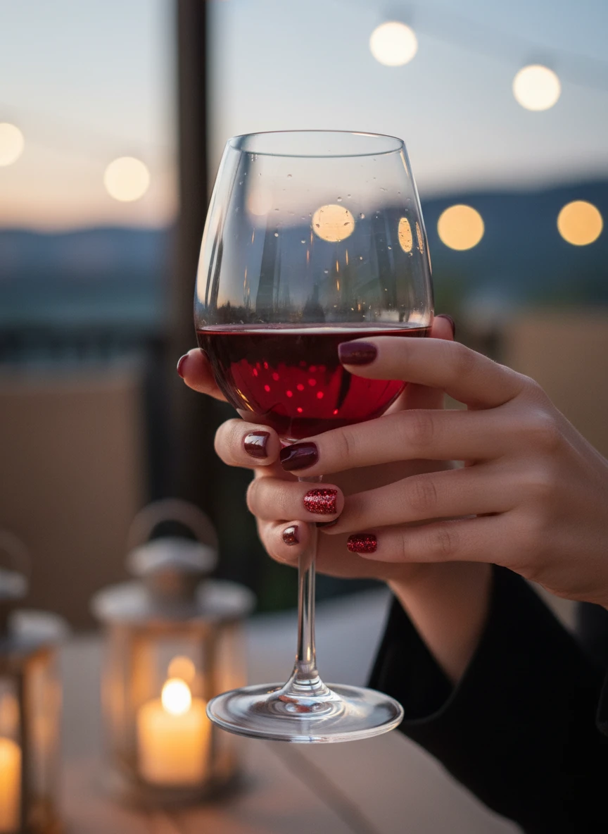 Short square nails in deep burgundy wine color featuring a sparkling red glitter accent nail design.