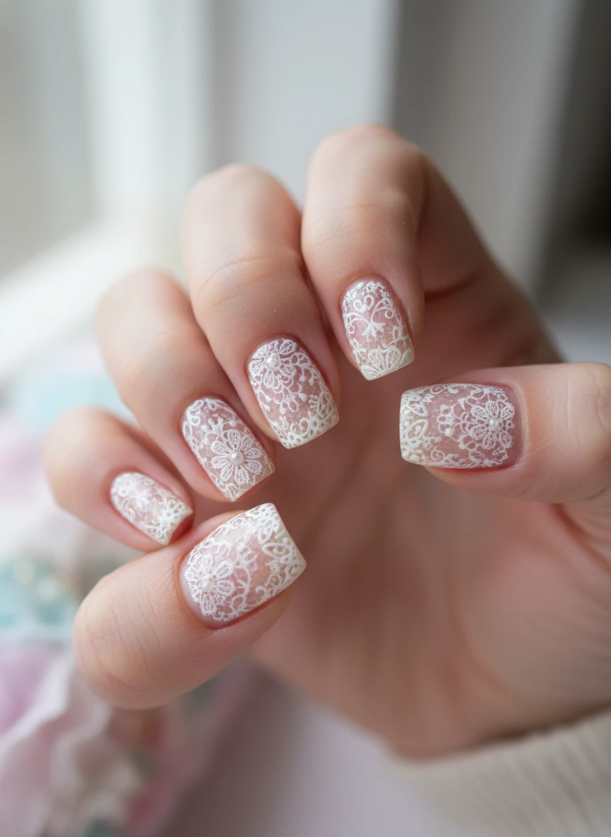 Short natural nails featuring detailed white lace patterns over a sheer base for a sophisticated romantic aesthetic.