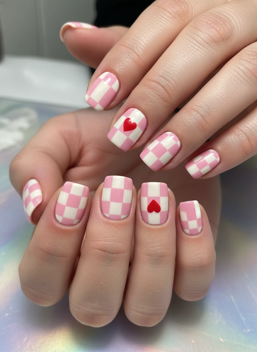 Short round nails featuring a retro pink and white checkered pattern with a delicate red heart accent.