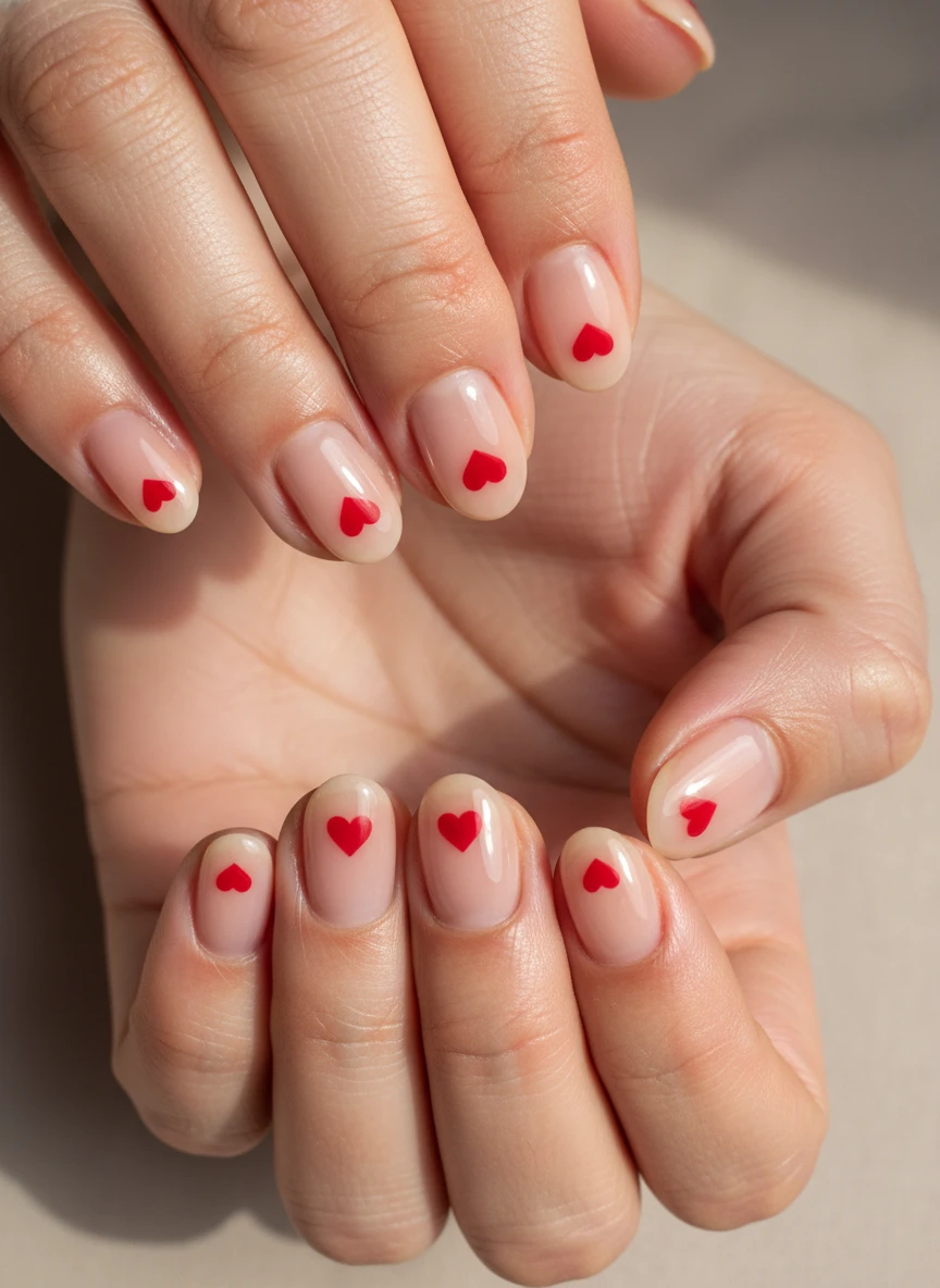 Short natural oval nails with a clean nude base and a single tiny red heart at each cuticle.