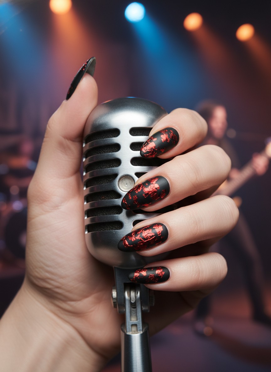 20+ 80s Valentine Nails Ideas: Bold Retro Designs to Rock in 2026 10 Distressed metallic red foil on black almond-shaped nails, reflecting a bold 80s grunge rock aesthetic.
