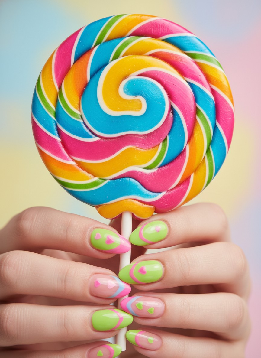 20+ 80s Valentine Nails Ideas: Bold Retro Designs to Rock in 2026 5 Almond-shaped nails with neon green and pink French tips and hand-painted hearts holding a retro lollipop.
