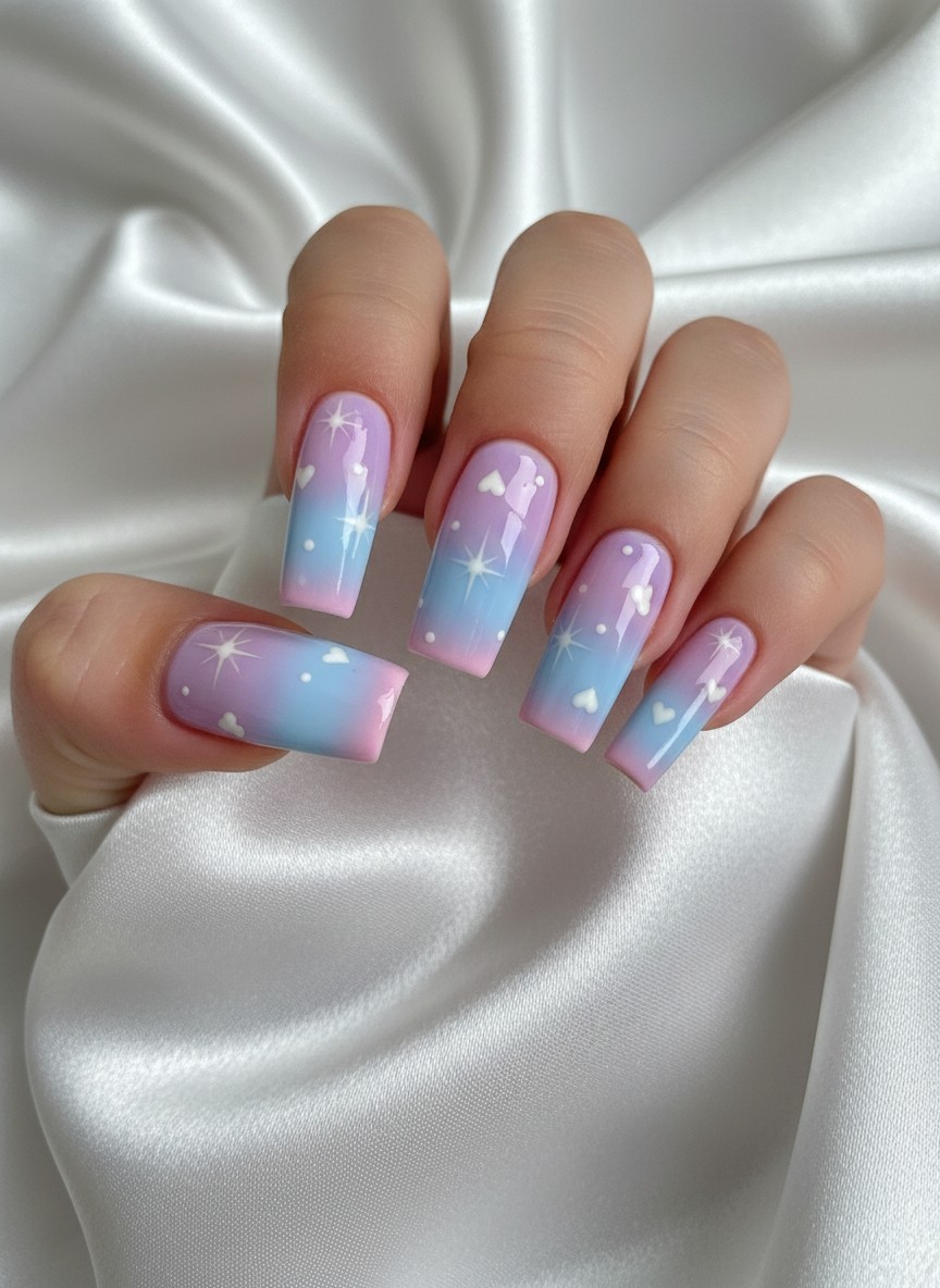 20+ 80s Valentine Nails Ideas: Bold Retro Designs to Rock in 2026 7 Long square nails with a lilac, baby blue, and pink 80s ombre gradient and white starbursts.