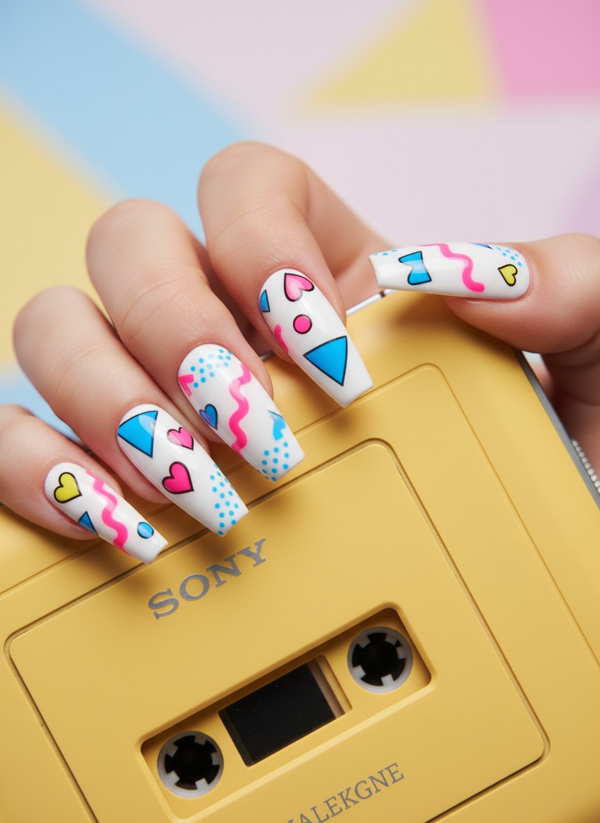 20+ 80s Valentine Nails Ideas: Bold Retro Designs to Rock in 2026 2 Vibrant Memphis style coffin nails with neon geometric patterns and hearts gripping a vintage yellow Walkman.