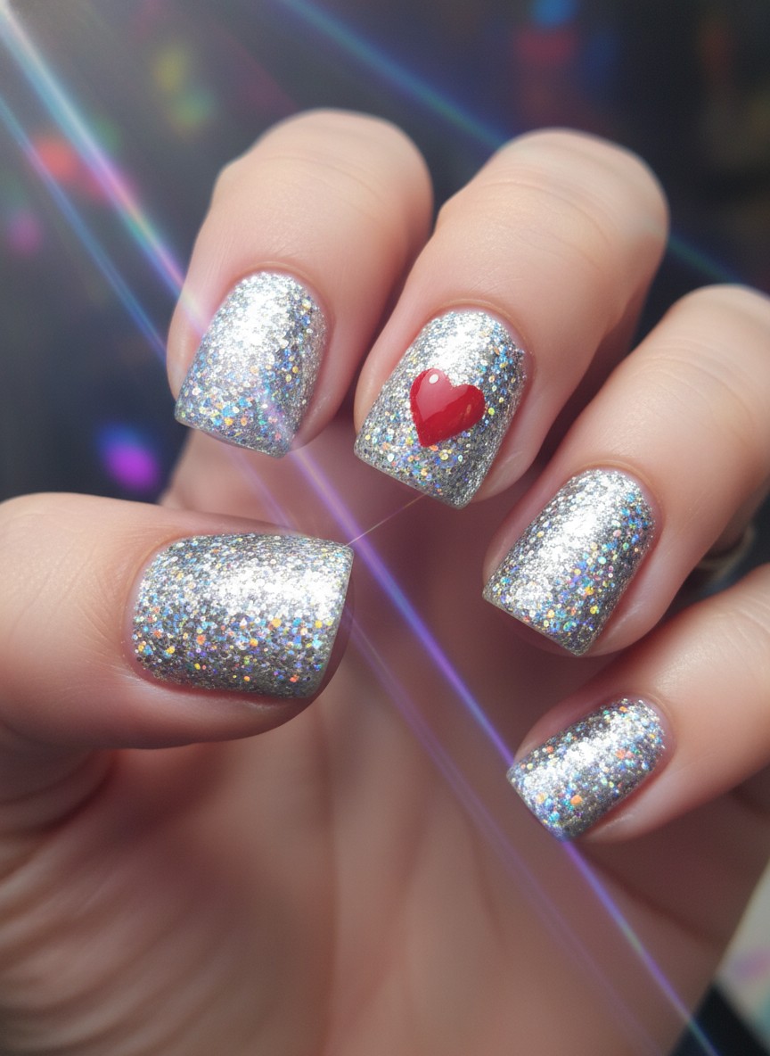 20+ 80s Valentine Nails Ideas: Bold Retro Designs to Rock in 2026 9 Short round nails featuring holographic silver chunky glitter and a small red heart accent on one finger.