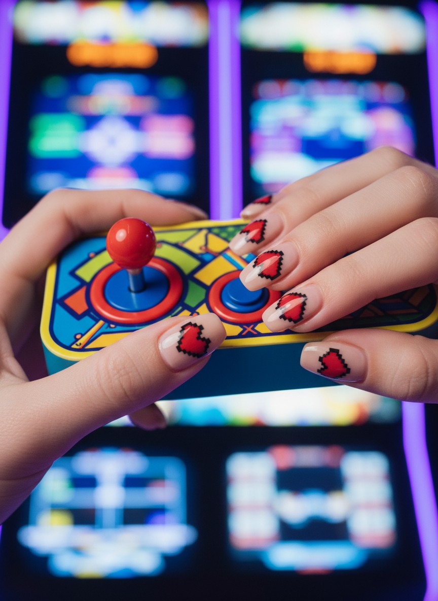 20+ 80s Valentine Nails Ideas: Bold Retro Designs to Rock in 2026 12 Squoval nails featuring pixel art red hearts on a nude base while holding a video game controller.