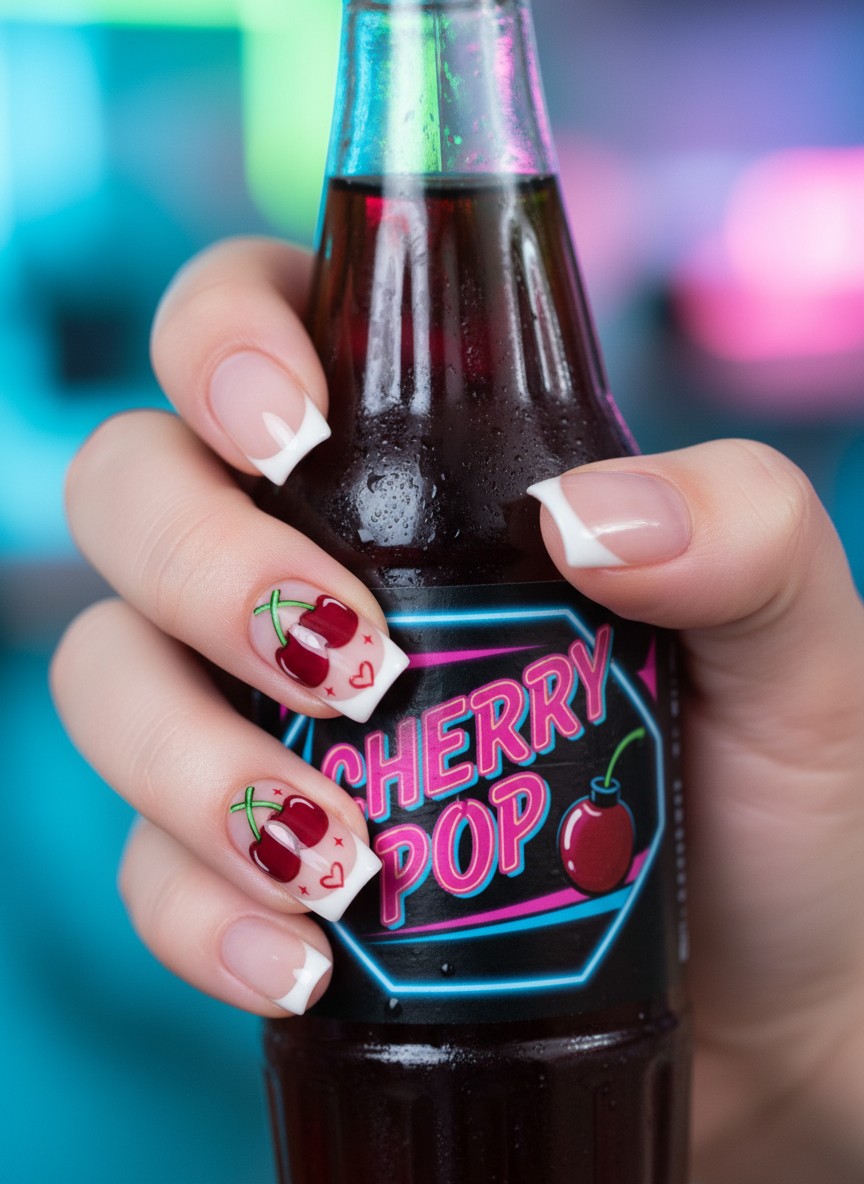 20+ 80s Valentine Nails Ideas: Bold Retro Designs to Rock in 2026 14 French manicure featuring hand-painted heart-shaped cherries with neon green stems against a vintage cherry soda bottle.