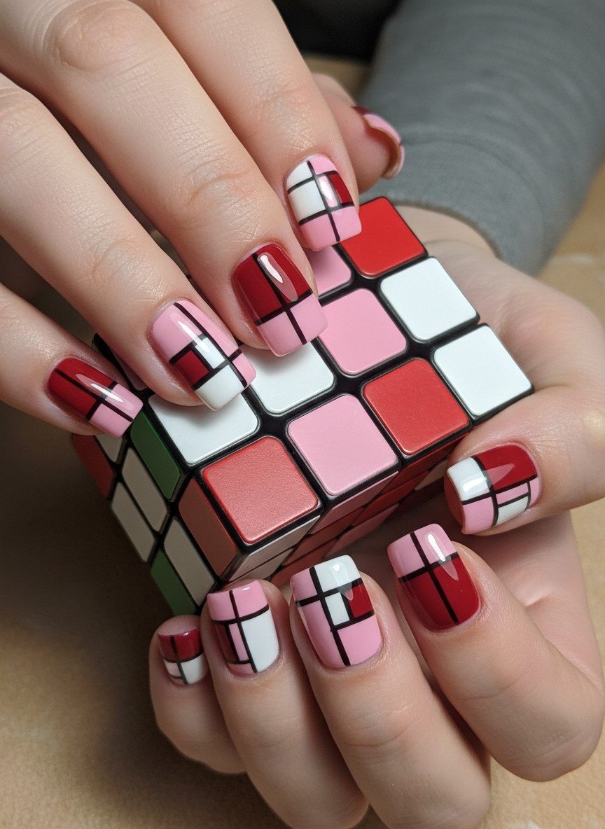 20+ 80s Valentine Nails Ideas: Bold Retro Designs to Rock in 2026 4 Short square nails with red and pink Mondrian-style geometric art resting on a colorful Rubik's cube.