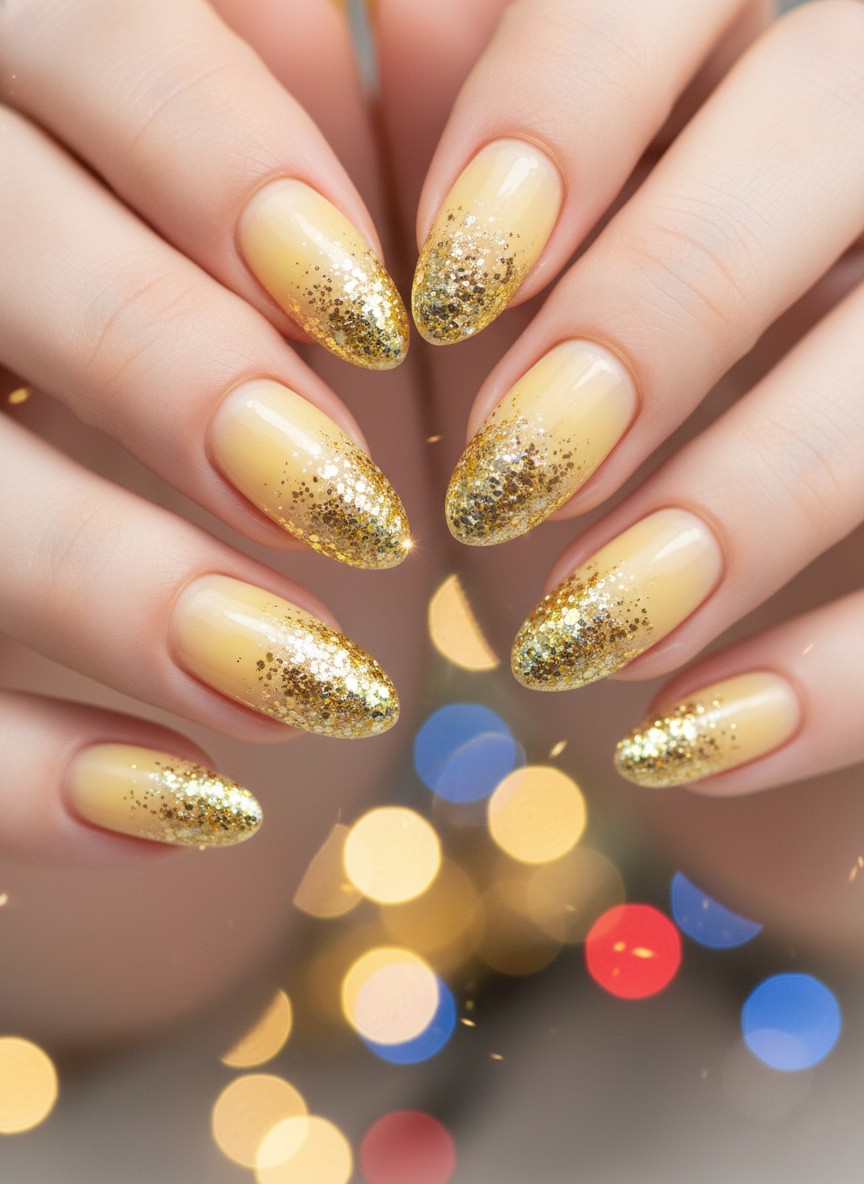Close-up of pale yellow nails featuring chunky gold glitter gradient tips with festive bokeh background lighting.
