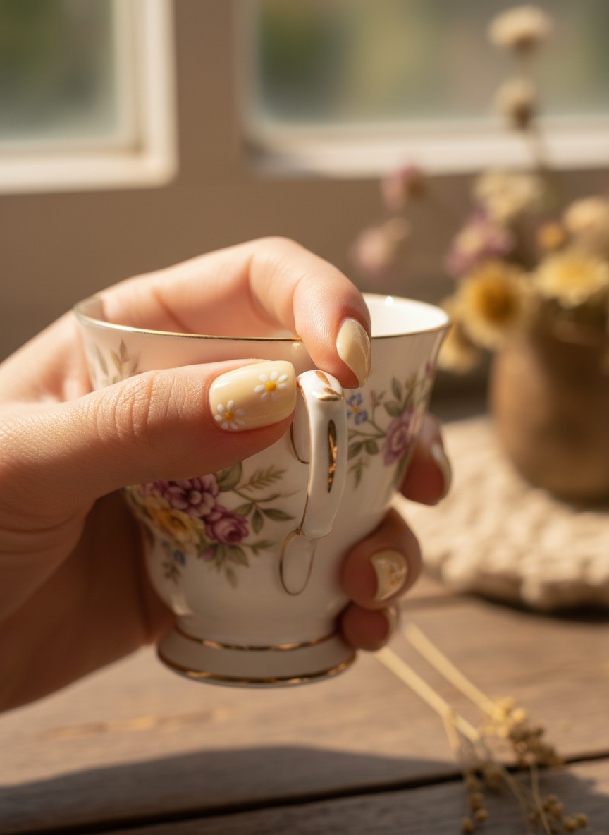 Squoval-shaped pale yellow nails featuring delicate white daisy art while holding a vintage tea cup