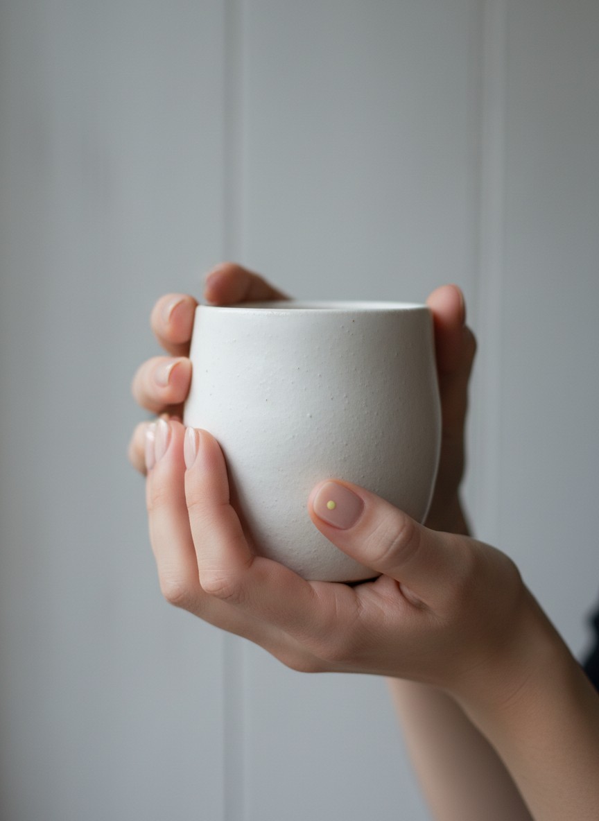 Minimalist nude manicure featuring a single pale yellow dot accent while holding a white ceramic mug.